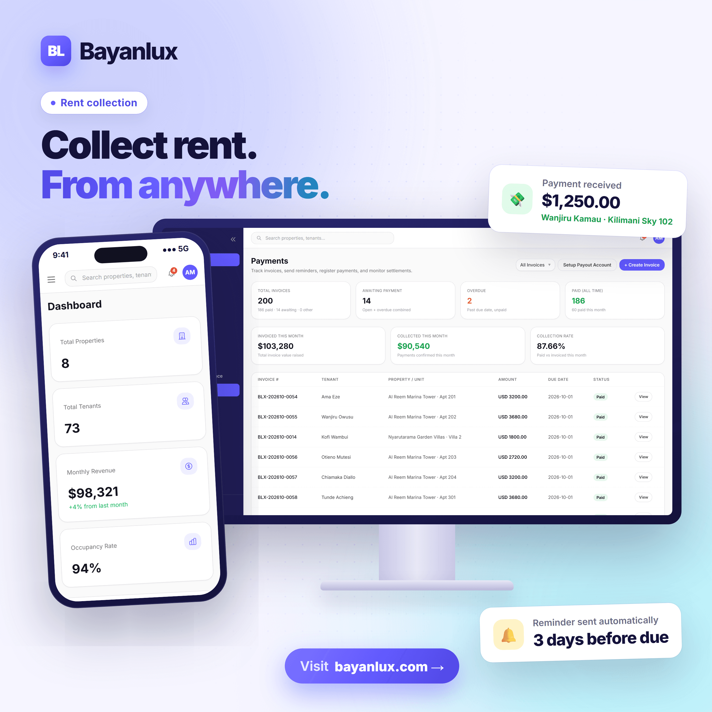 Bayanlux rent collection dashboard